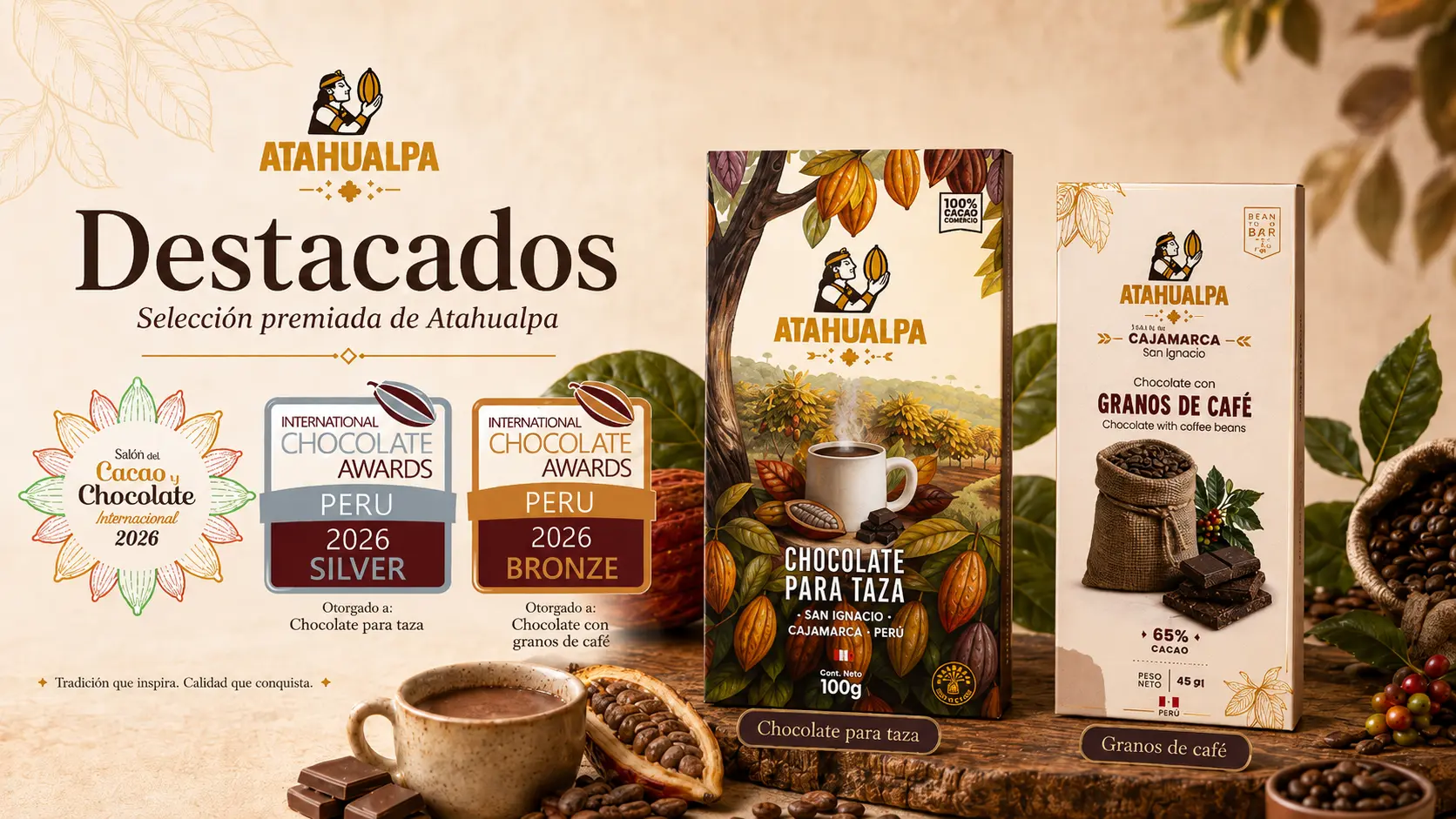 Selección premiada de Chocolates Atahualpa: plata para el chocolate para taza y bronce para el chocolate con granos de café