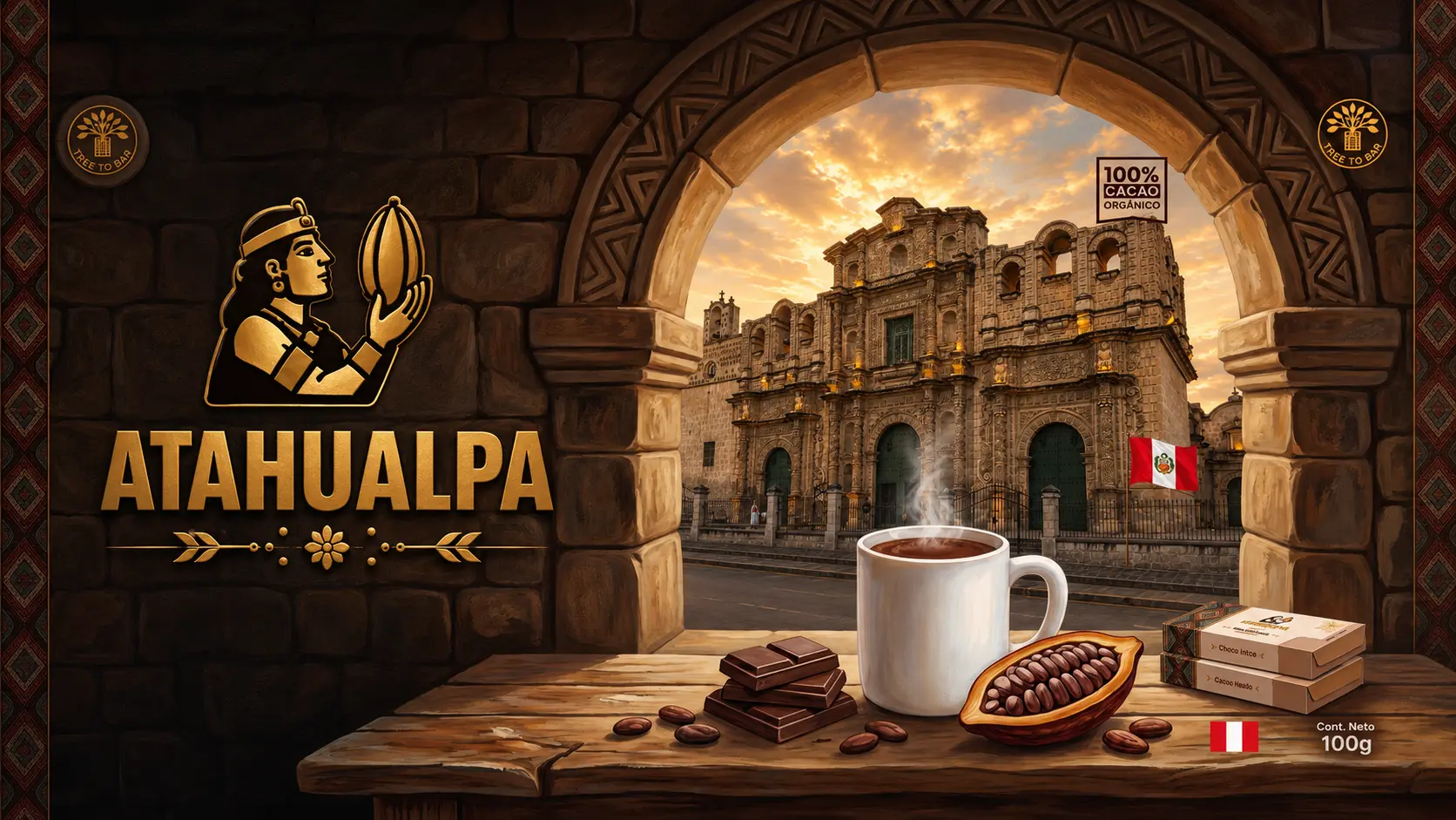 Chocolate Atahualpa junto a un paisaje peruano y cultivos de cacao